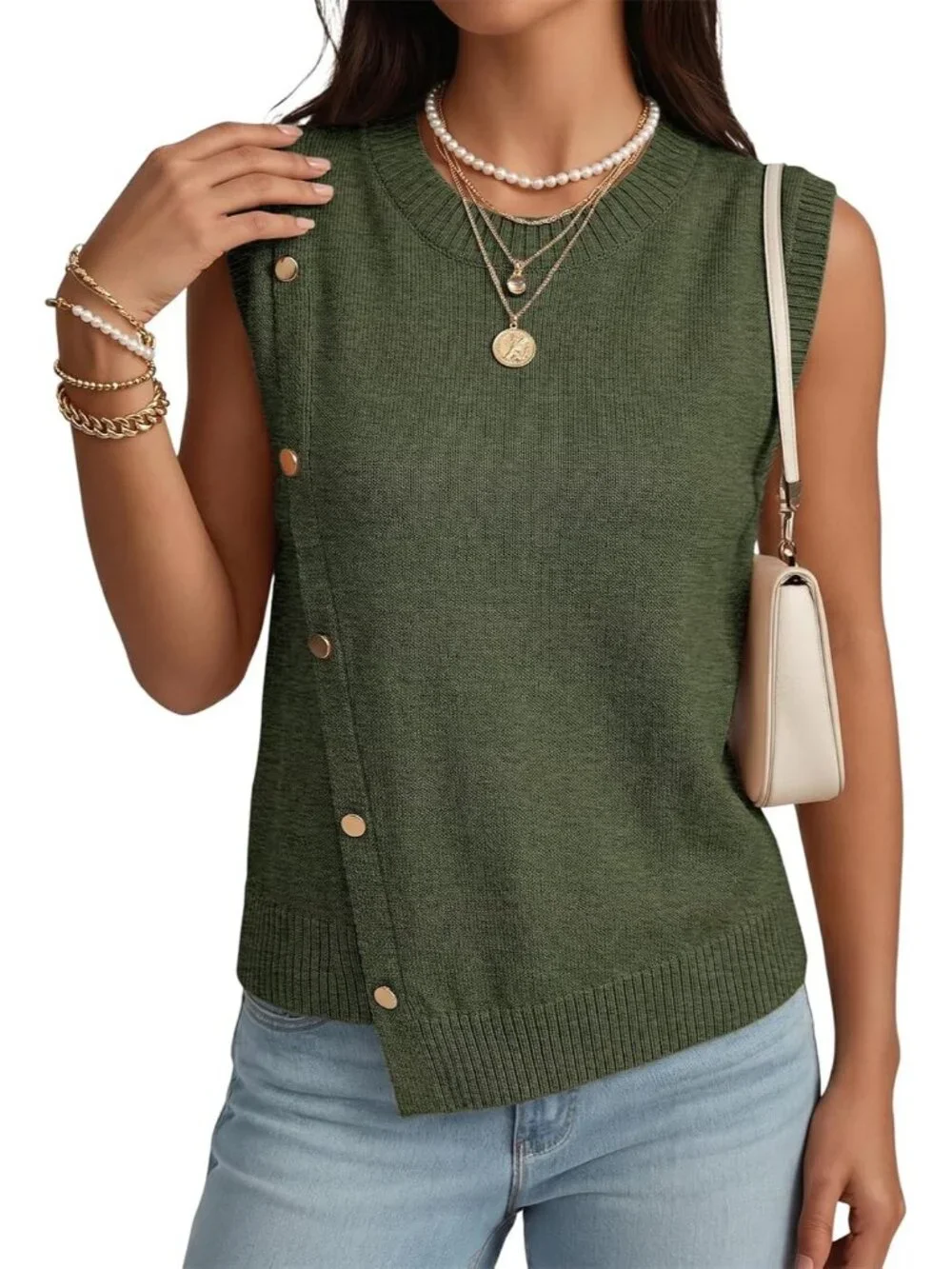 Women's Leaf Green Sleeveless Round Neck Casual Button Decoration Sweater Vest